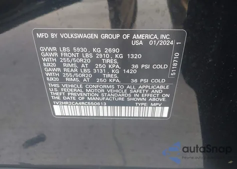 2024 Volkswagen Atlas 2.0T Se W/Technology z USA, uszkodzony, nr VIN 1V2HR2CA4RC550613